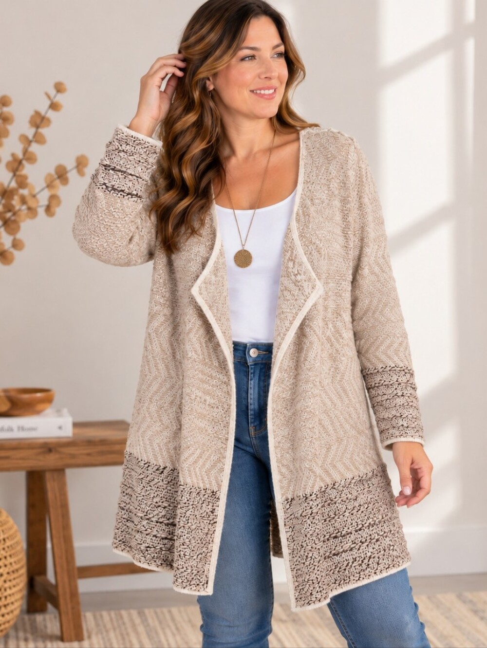 New Bob Timberlake XL Cream Textured Long Open Front Cardigan Sweater Boho Knit